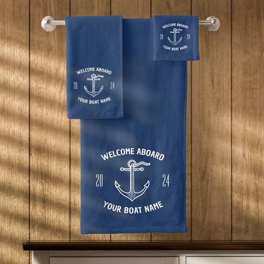 Aangepaste Welkom Aan Boord Bootnaam Navy Blue Bad Handdoek