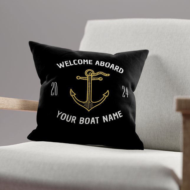 Aangepaste Welkom Aan Boord Bootnaam Zwart & Goud Kussen (Creator heeft geüpload)