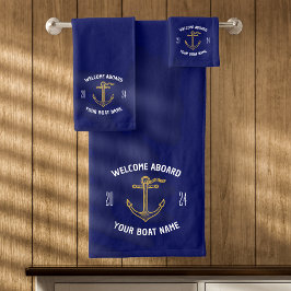 Aangepaste Welkom Aboard Bootnaam Navy Blue & Goud Bad Handdoek
