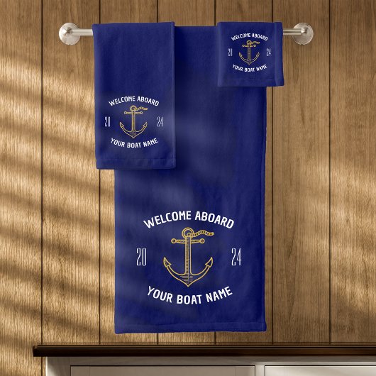 Aangepaste Welkom Aboard Bootnaam Navy Blue & Goud Bad Handdoek