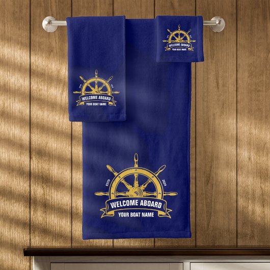 Aangepaste Welkom Aboard Nautical Scheepswiel Blau Bad Handdoek