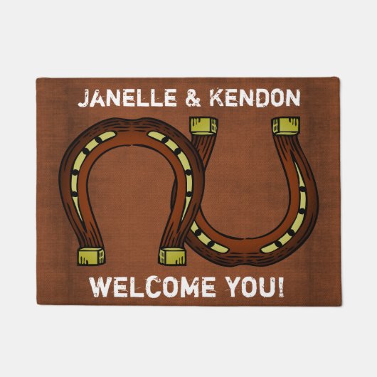 Aangepaste "Welkom" met twee Hoefijzers Deurmat (Voorkant)