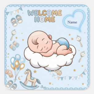 Aangepaste 'Welkom thuis' baby jongen favor sticke Vierkante Sticker