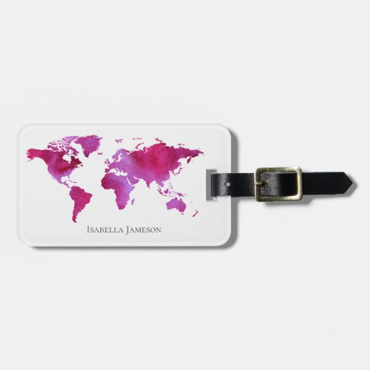 Aangepaste Wereldkaart Waterverf Roze Wit Bagagelabel (Voorkant horizontaal)