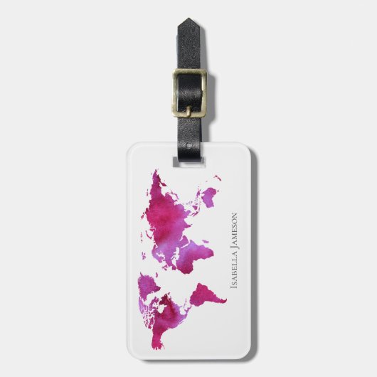 Aangepaste Wereldkaart Waterverf Roze Wit Bagagelabel (Voorkant verticaal)