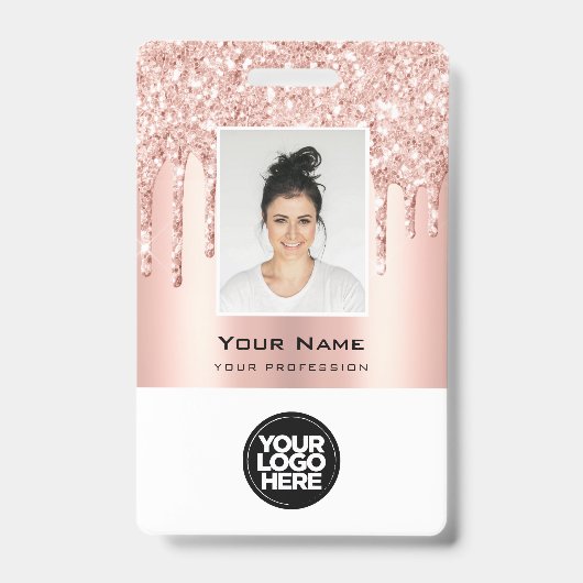 Aangepaste werknemer Glitter Drips Roos Gold Naam Badge (Voorzijde)