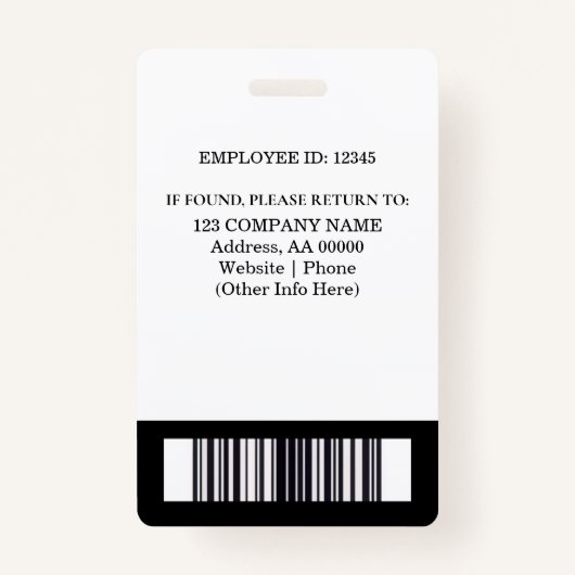 Aangepaste werknemer ID-badge met foto en barcode Badge (Achterkant)