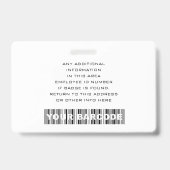 Aangepaste werknemersbarcode logo naam zwart wit badge (Achterkant)