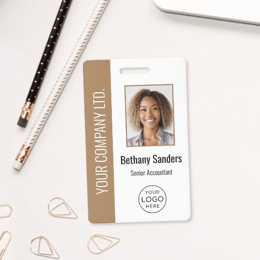 Aangepaste Werknemersfoto, Logo, Naam Bruin Badge