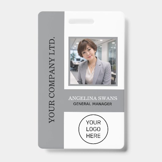 Aangepaste werknemersfoto, logo, naam grijs badge (Voorzijde)