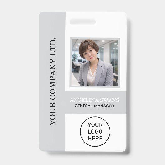 Aangepaste werknemersfoto, logo, naam, lichtgrijs badge (Voorzijde)