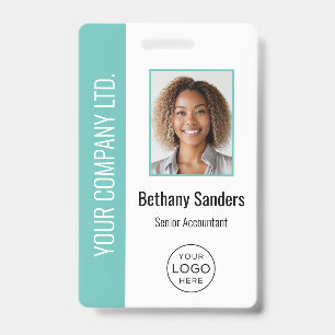 Aangepaste Werknemersfoto, Logo, Naam Turquoise Badge