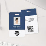 Aangepaste werknemersfoto, Qr-code, Logo, naam Badge<br><div class="desc">Eenvoudig personaliseer dit Kaart van de Naam van de Medewerker van de Douane met Foto, de Code van het Aftasten Qr (altijd leesbaar, het werkt!) en bedrijfslogo. Een eenvoudig bedrijfsontwerp in blauw en witte marinekleuren die volledig aanpasbaar zijn voor zowel voor- als achterformaten, sans-serif basislettertypen en moderne lettertypen en een...</div>