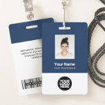 Aangepaste werknemersfoto, streepjescode, Logo, na Badge<br><div class="desc">Pas deze aangepaste werknemersnaam-badge eenvoudig aan met Foto, Scan Bar Code en zakelijke logo. Een eenvoudig bedrijfsontwerp in blauw en witte marinekleuren die volledig aanpasbaar zijn voor zowel voor- als achterformaten, sans-serif basislettertypen en moderne lettertypen en een professionele en heldere look. Beschikbaar met een lanyard, een metalen clip of met...</div>