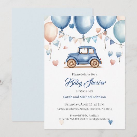 Aangepaste  Wheels Baby shower uitnodiging (Voorkant / Achterkant)