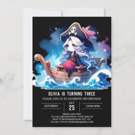 Aangepaste Whimsy Pirate Girl Verjaardag Kaart (Voorkant)