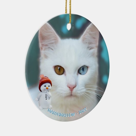 Aangepaste White Cat Foto met Cute Snowman Keramisch Ornament (Rechts)