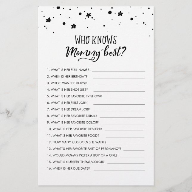 Aangepaste Wie kent mama het best? Baby Shower Spe (Voorkant)