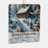 Aangepaste Winter Log Cabin op een besneeuwde Kers Keramisch Ornament (Rechts)