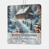 Aangepaste Winter Log Cabin op een besneeuwde Kers Keramisch Ornament (Links)