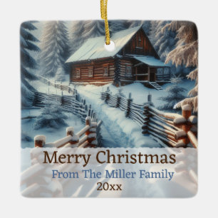 Aangepaste Winter Log Cabin op een besneeuwde Kers Keramisch Ornament