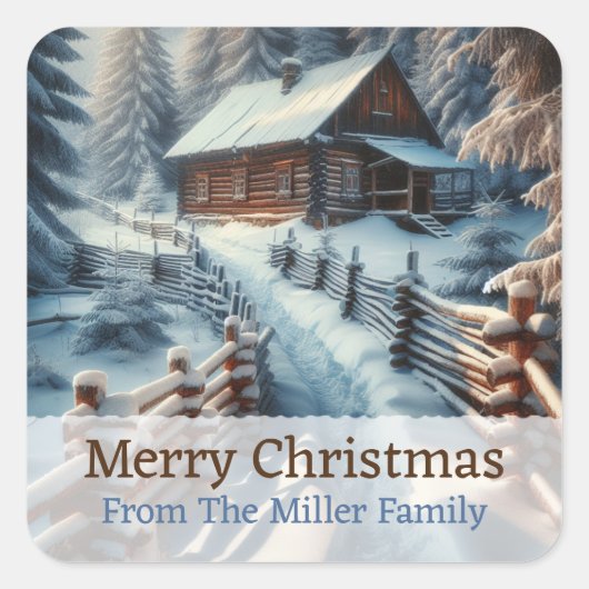 Aangepaste Winter Log Cabin op een besneeuwde Kers Vierkante Sticker (Voorkant)
