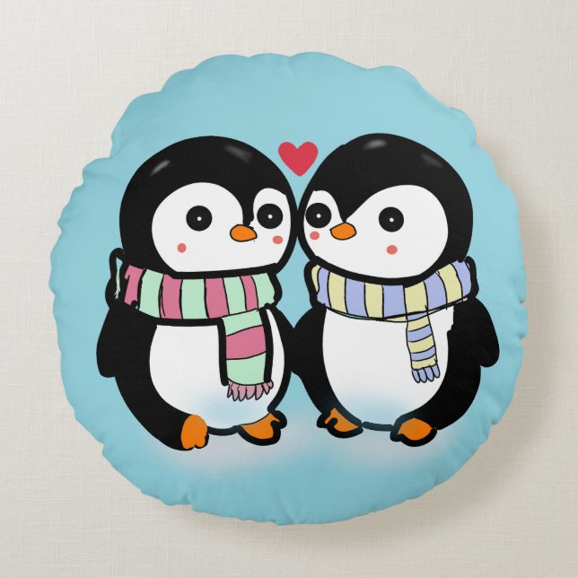 Aangepaste Winter Pinguïn Liefde Rond Kussen (Voorkant)