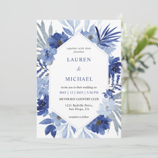 Aangepaste Wit Blauw Boeket Lijst bruiloft Kaart (Staand voorkant)