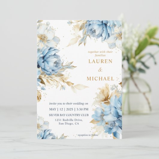 Aangepaste Wit Blauw en Goud Bloemen Bloem Huwelij Kaart (Staand voorkant)