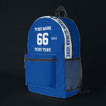 Aangepaste wit blauw Naam, Nummer, Team Sport Bedrukte Rugzak<br><div class="desc">Creëer uw eigen aangepaste witte blauw Sport Football Stijl Gedrukte Rugzak met Naam, Nummer, Teamnaam, Slogan en Jaar. Personaliseer deze eenvoudige klassieke sjabloon voor gedrukte rugzakken met uw aangepaste bericht, naam, teamnaam en jaar. Personaliseer het gemakkelijk voor een coole sport aandenken. Creëer Uw unieke gepersonaliseerde cadeau voor coach, jongensverjaardag, football...</div>