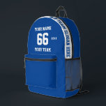 Aangepaste wit blauw Naam, Nummer, Team Sport Bedrukte Rugzak<br><div class="desc">Creëer uw eigen aangepaste witte blauw Sport Football Stijl Gedrukte Rugzak met Naam, Nummer, Teamnaam, Slogan en Jaar. Personaliseer deze eenvoudige klassieke sjabloon voor gedrukte rugzakken met uw aangepaste bericht, naam, teamnaam en jaar. Personaliseer het gemakkelijk voor een coole sport aandenken. Creëer Uw unieke gepersonaliseerde cadeau voor coach, jongensverjaardag, football...</div>