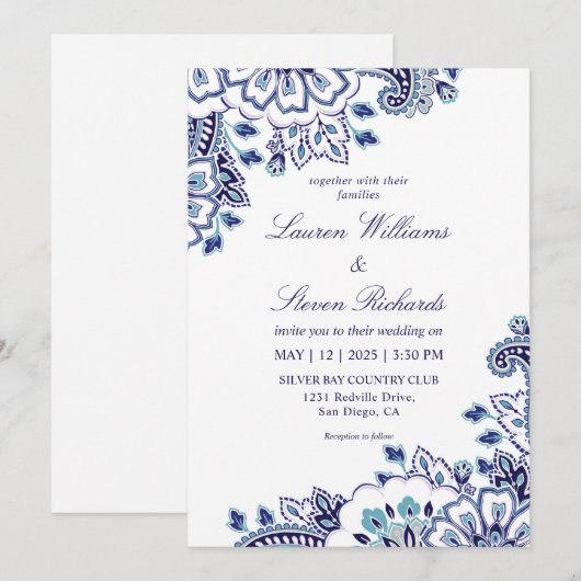 Aangepaste Wit Donkerblauw gekleurde Paisley bruil Kaart (Voorkant / Achterkant)