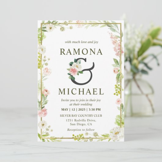 Aangepaste wit en groen roze Lijst bloemenbruiloft Kaart (Staand voorkant)