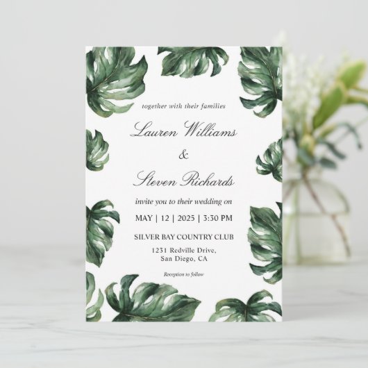 Aangepaste Wit Groen Elegante Palm Bladeren Huweli Kaart (Staand voorkant)