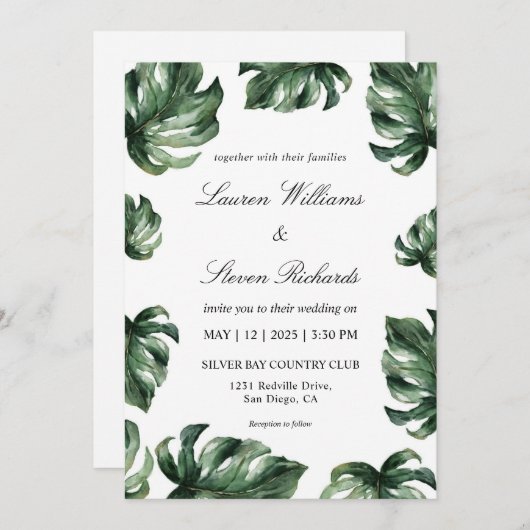 Aangepaste Wit Groen Elegante Palm Bladeren Huweli Kaart (Voorkant / Achterkant)