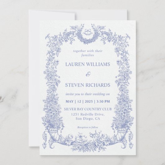 Aangepaste Wit Licht Blauw Barokke Bloemen Wedding Kaart (Voorkant)