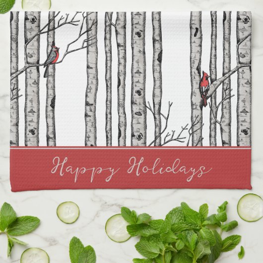 Aangepaste Witte Berken Bomen en Rode Kardinaal Vo Theedoek (Gevouwen)