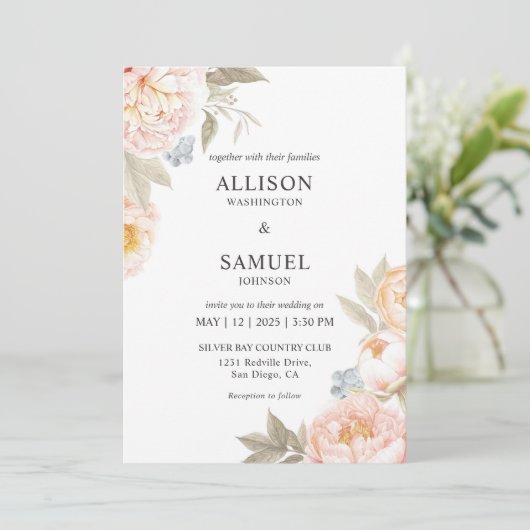 Aangepaste witte blauwe bessen perzik bloemen brui kaart (Staand voorkant)