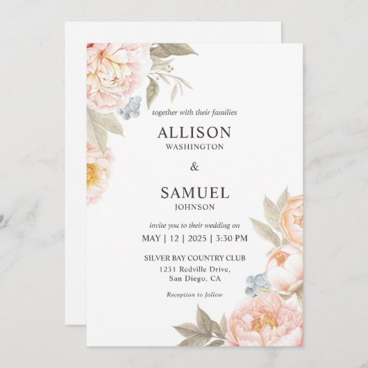 Aangepaste witte blauwe bessen perzik bloemen brui kaart (Voorkant / Achterkant)