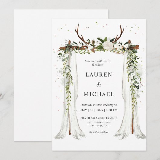 Aangepaste Witte Boho Canopy Bloemen Antler Huweli Kaart (Voorkant / Achterkant)