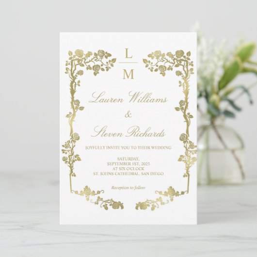 Aangepaste witte en gouden bloemen Lijst Royal Wed Kaart (Staand voorkant)