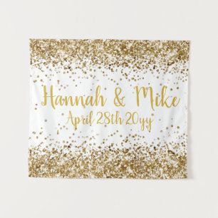 Aangepaste witte en gouden glitters bruiloftsfotoh wandkleed