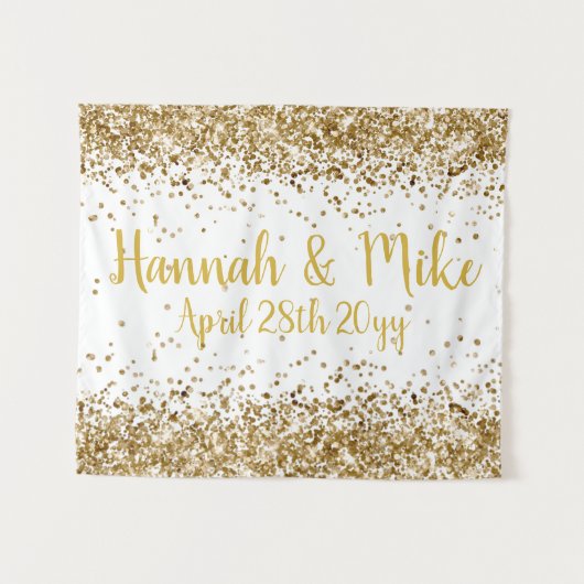 Aangepaste witte en gouden glitters bruiloftsfotoh wandkleed (Voorkant (horizontaal))