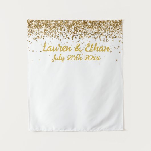 Aangepaste witte en gouden glitters bruiloftsfotoh wandkleed (Voorkant)