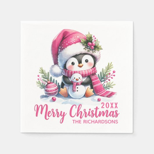 Aangepaste Witte en Roze Schattigee Pinguïn Vrolij Servet (Voorkant)