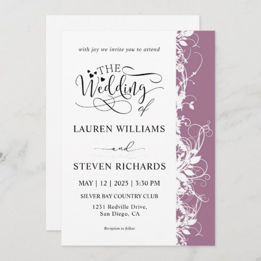 Aangepaste witte en violette Paarse bruiloft Kaart (Voorkant / Achterkant)