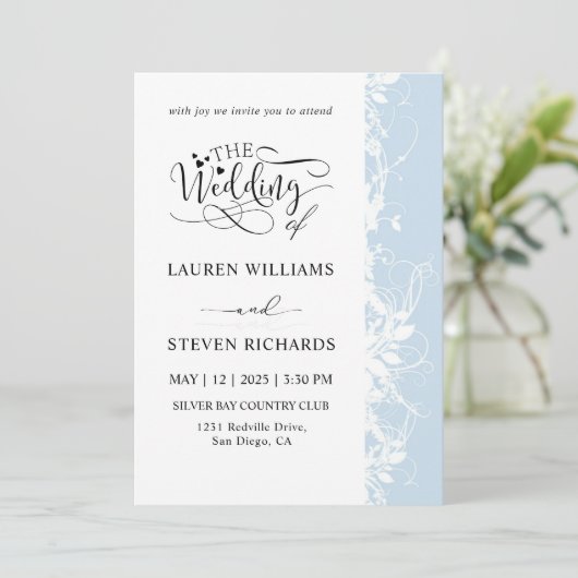 Aangepaste witte en zachte lichtblauwe bruiloft kaart (Staand voorkant)