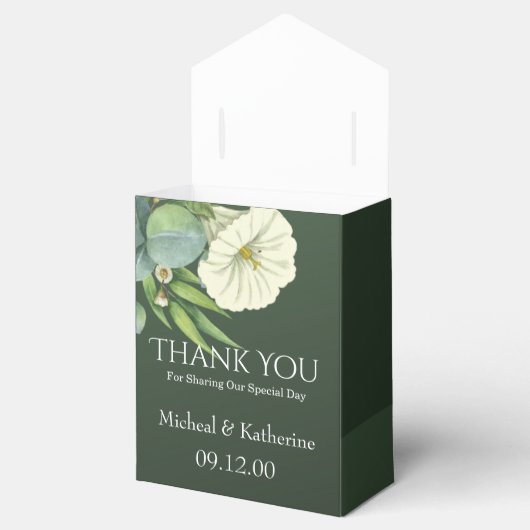 Aangepaste witte flora en smaragdgroen dank u bedankdoosjes (Geopend)