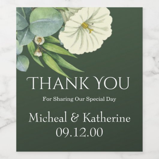 Aangepaste witte flora en smaragdgroen dank u wijn etiket (Enkel label)