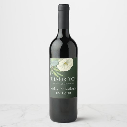 Aangepaste witte flora en smaragdgroen dank u wijn etiket (Voorkant)